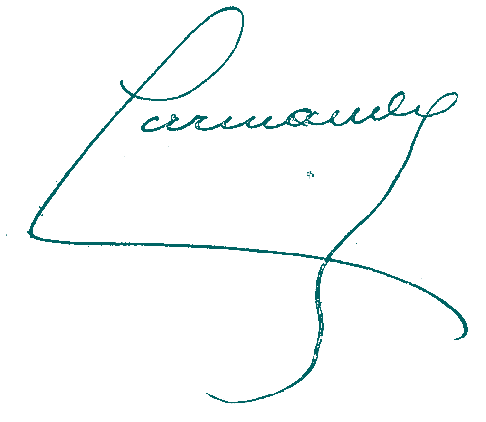The same signature in teal ink on a transparent background, shown over a light checkerboard